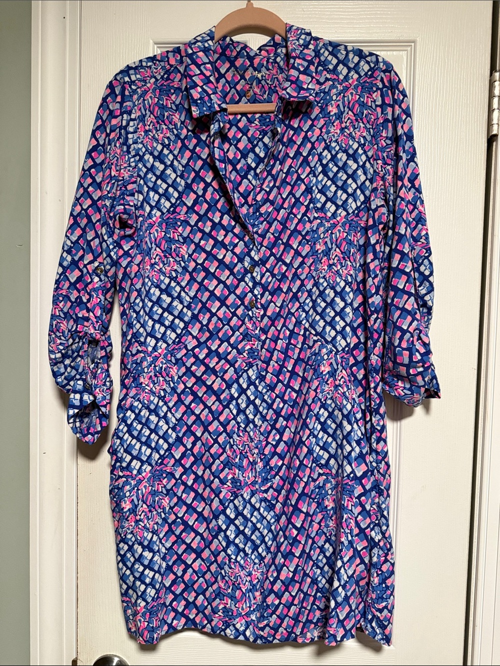 Lilly Pulitzer Blue and Pink Geometric Button-Front Tunic